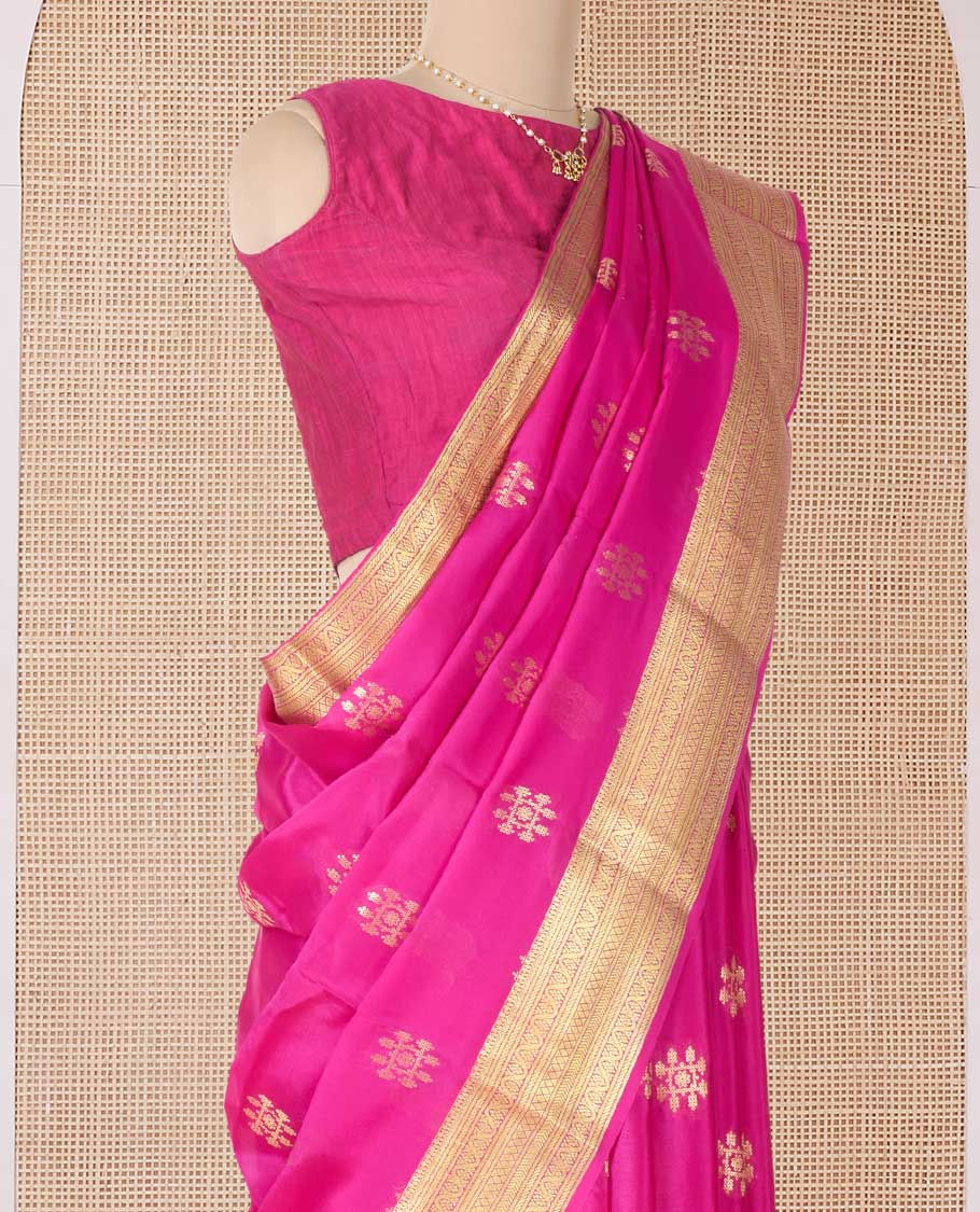 Pink zari buttas Mysore silk saree, traditional zari border, and pallu of jaal designs