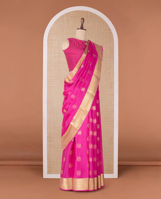 Pink zari buttas Mysore silk saree, traditional zari border, and pallu of jaal designs