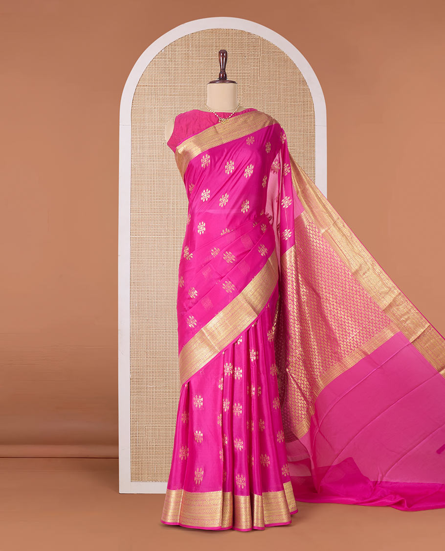 Pink zari buttas Mysore silk saree, traditional zari border, and pallu of jaal designs