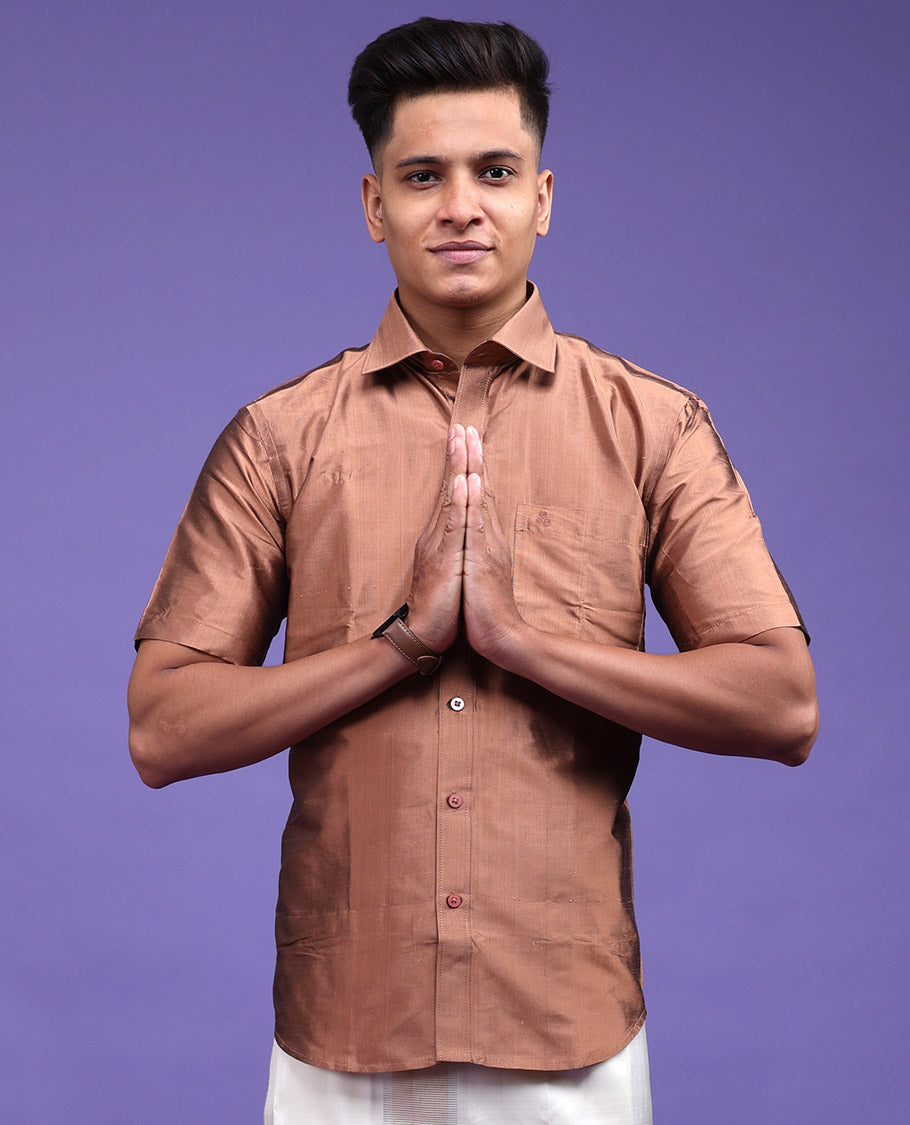 Brown color plain design half-sleeve pure-silk shirt