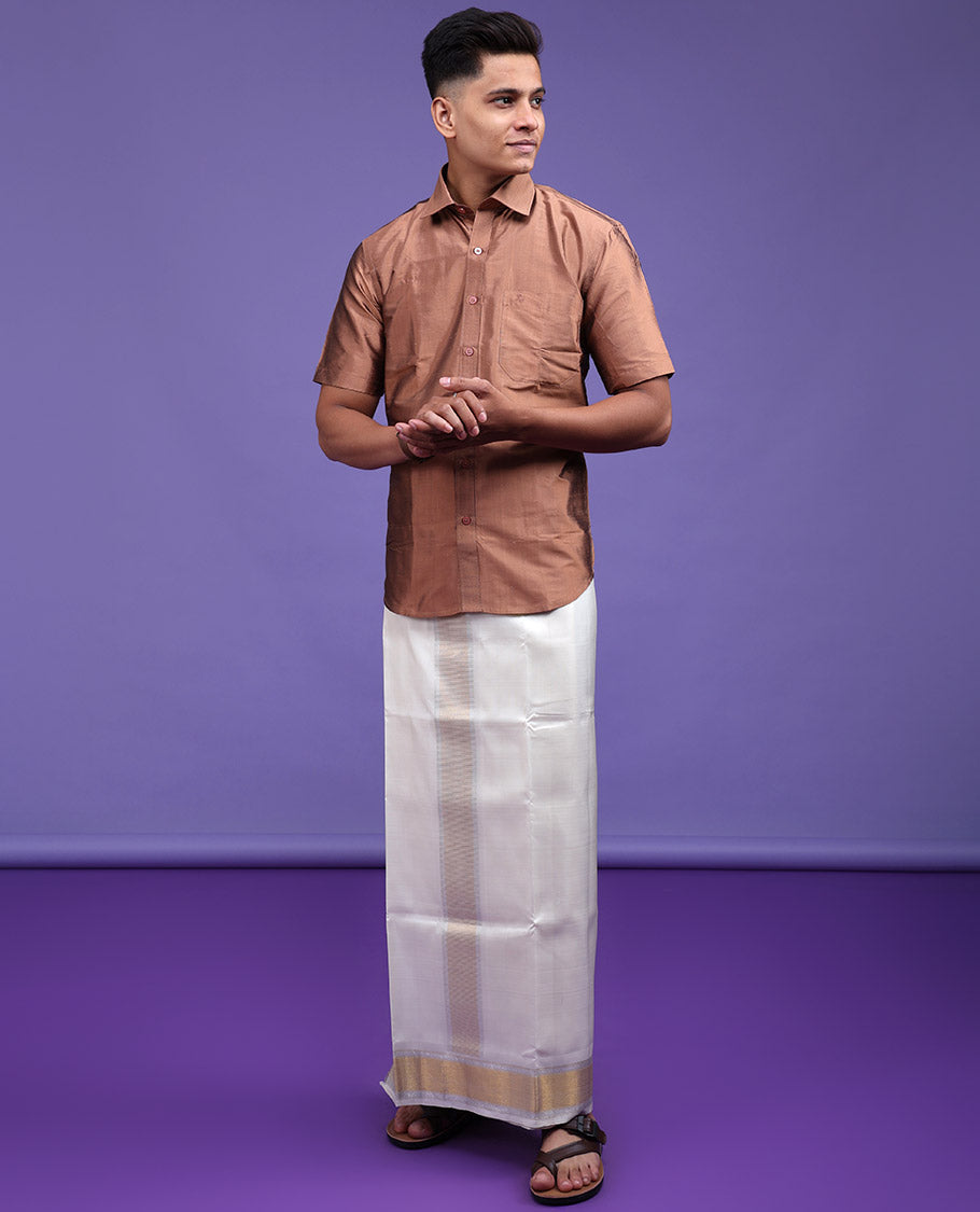 Brown color plain design half-sleeve pure-silk shirt