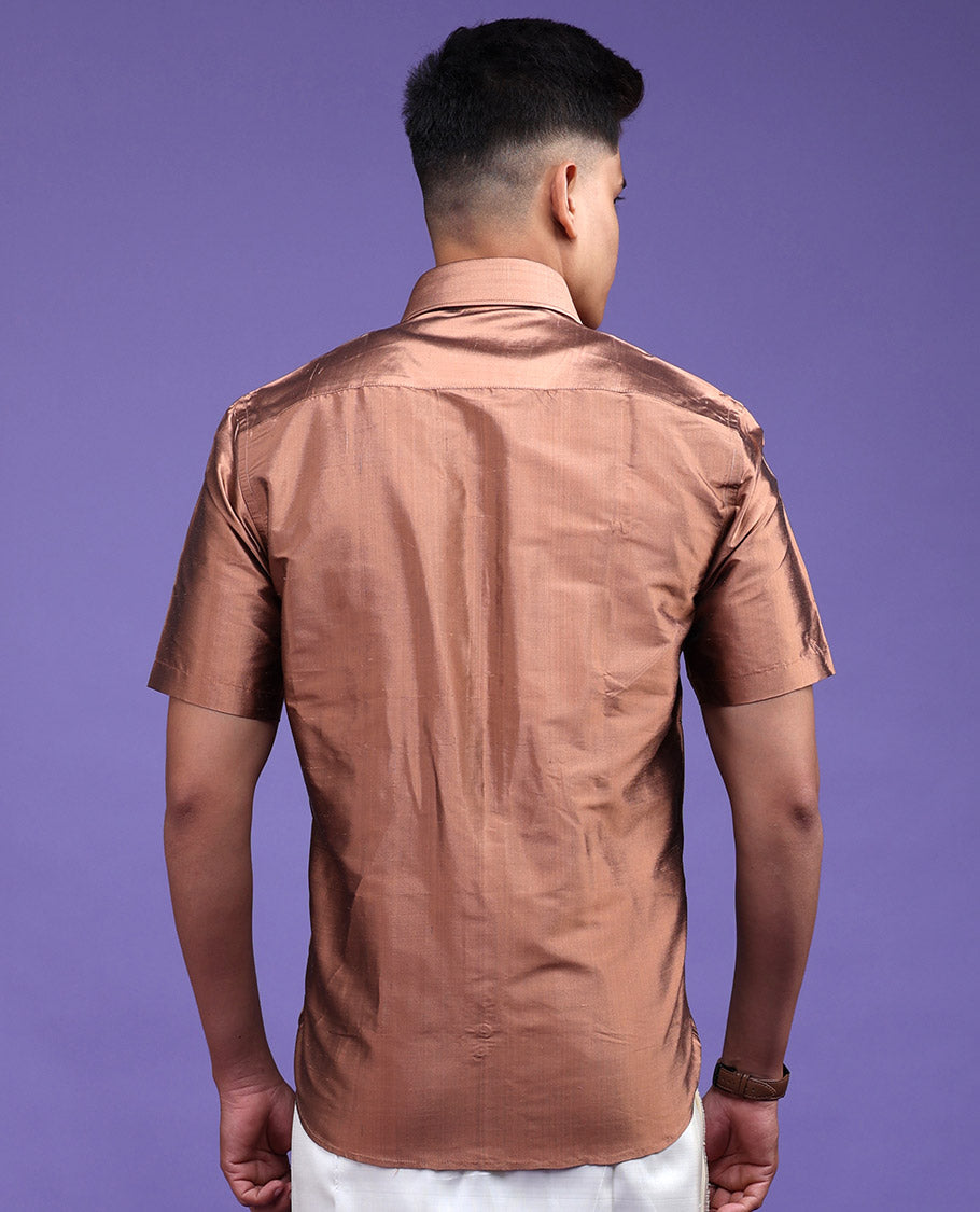 Brown color plain design half-sleeve pure-silk shirt