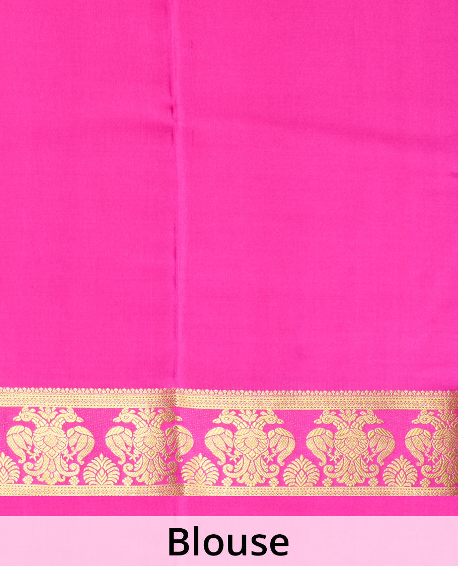 Green plain Mysore silk saree, contrast two-headed eagle border, and pallu of traditional designs