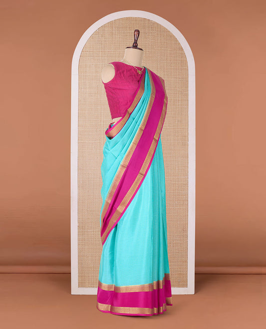 Blue zari checked Mysore silk saree, contrast rettai pettu peacock eye zari border, and pallu of zari stripes