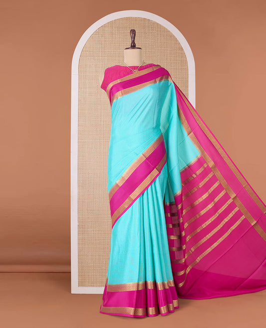 Blue zari checked Mysore silk saree, contrast rettai pettu peacock eye zari border, and pallu of zari stripes