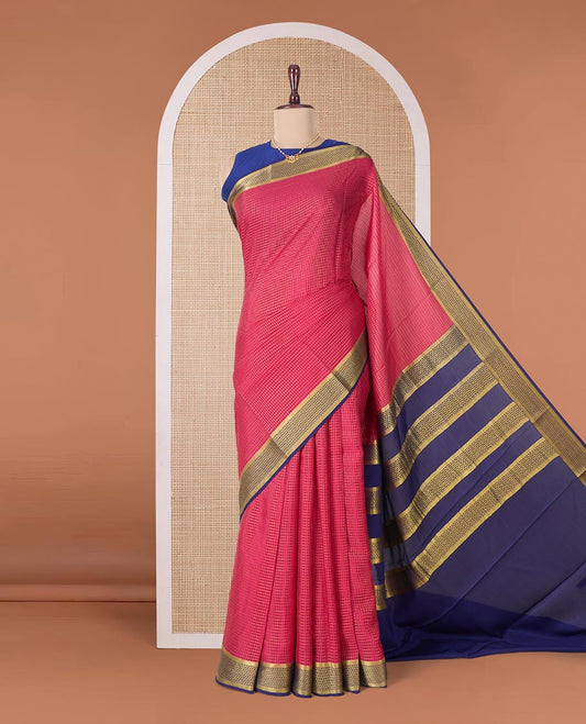 Red zari checked Mysore silk saree, contrast traditional zari border of jaal designs, and traditional zari pallu