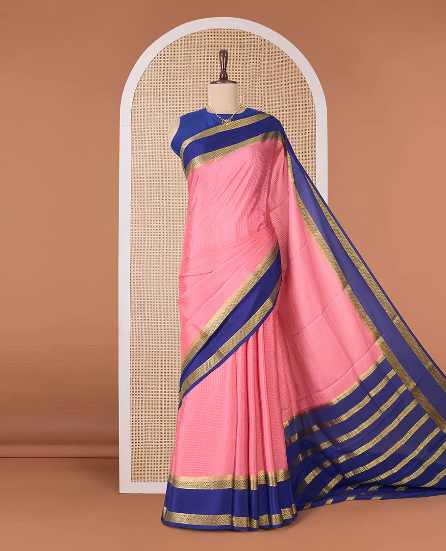 Peach zari checked Mysore silk saree, contrast rettai pettu peacock eye zari border, and pallu of zari stripes