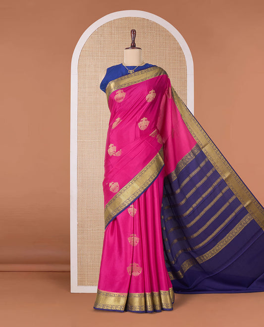Pink two-headed eagle motifs zari woven Mysore silk saree, contrast traditional zari border, and pallu of thick zari designs
