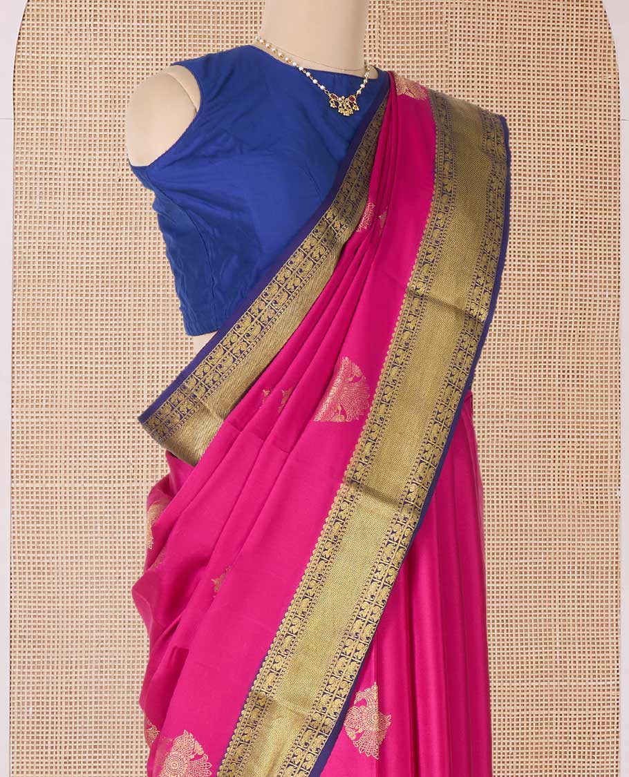 Pink two-headed eagle motifs zari woven Mysore silk saree, contrast traditional zari border, and pallu of thick zari designs