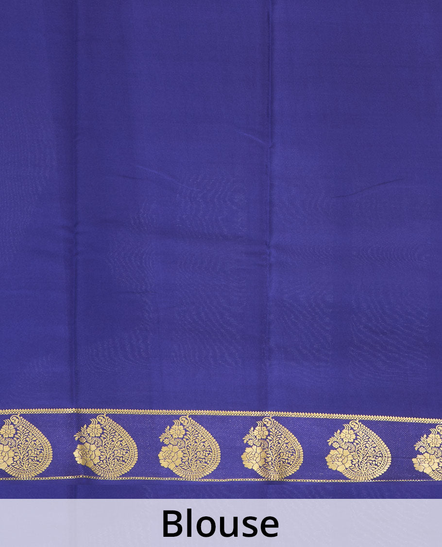 Green plain Mysore silk saree, contrast paisley motifs zari woven border, and pallu of zari stripes