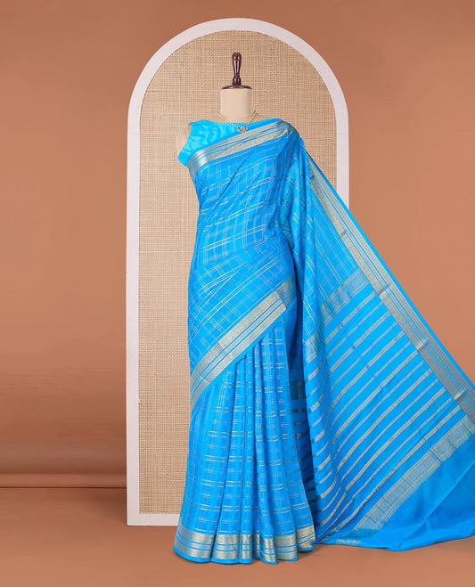 Blue zari checked Mysore silk saree, traditional zari border, and zari striped pallu