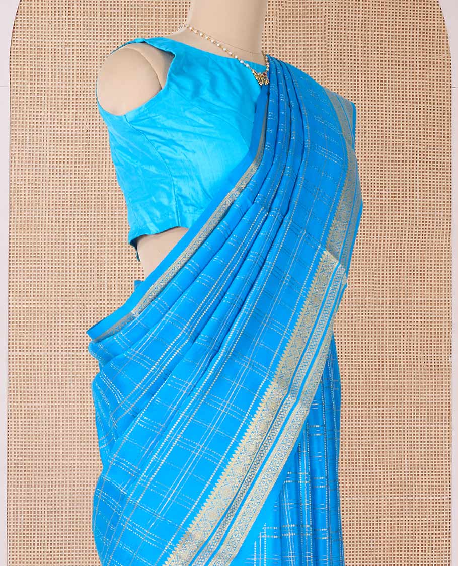 Blue zari checked Mysore silk saree, traditional zari border, and zari striped pallu