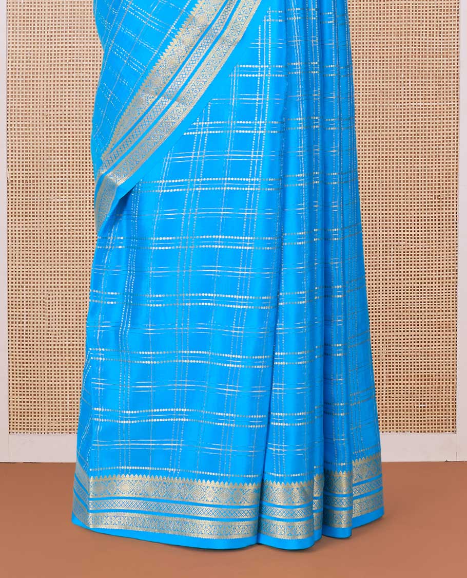 Blue zari checked Mysore silk saree, traditional zari border, and zari striped pallu