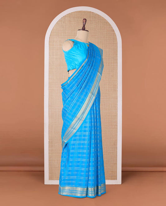Blue zari checked Mysore silk saree, traditional zari border, and zari striped pallu