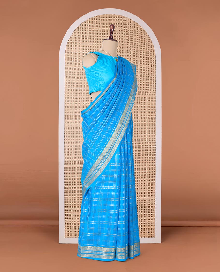 Blue zari checked Mysore silk saree, traditional zari border, and zari striped pallu