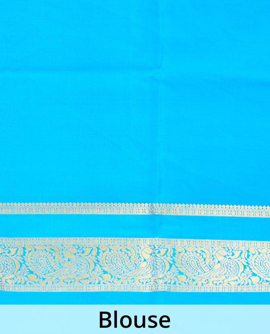 Purple plain Mysore silk saree, contrast rettai pettu peacock motifs zari border, and pallu of jaal design