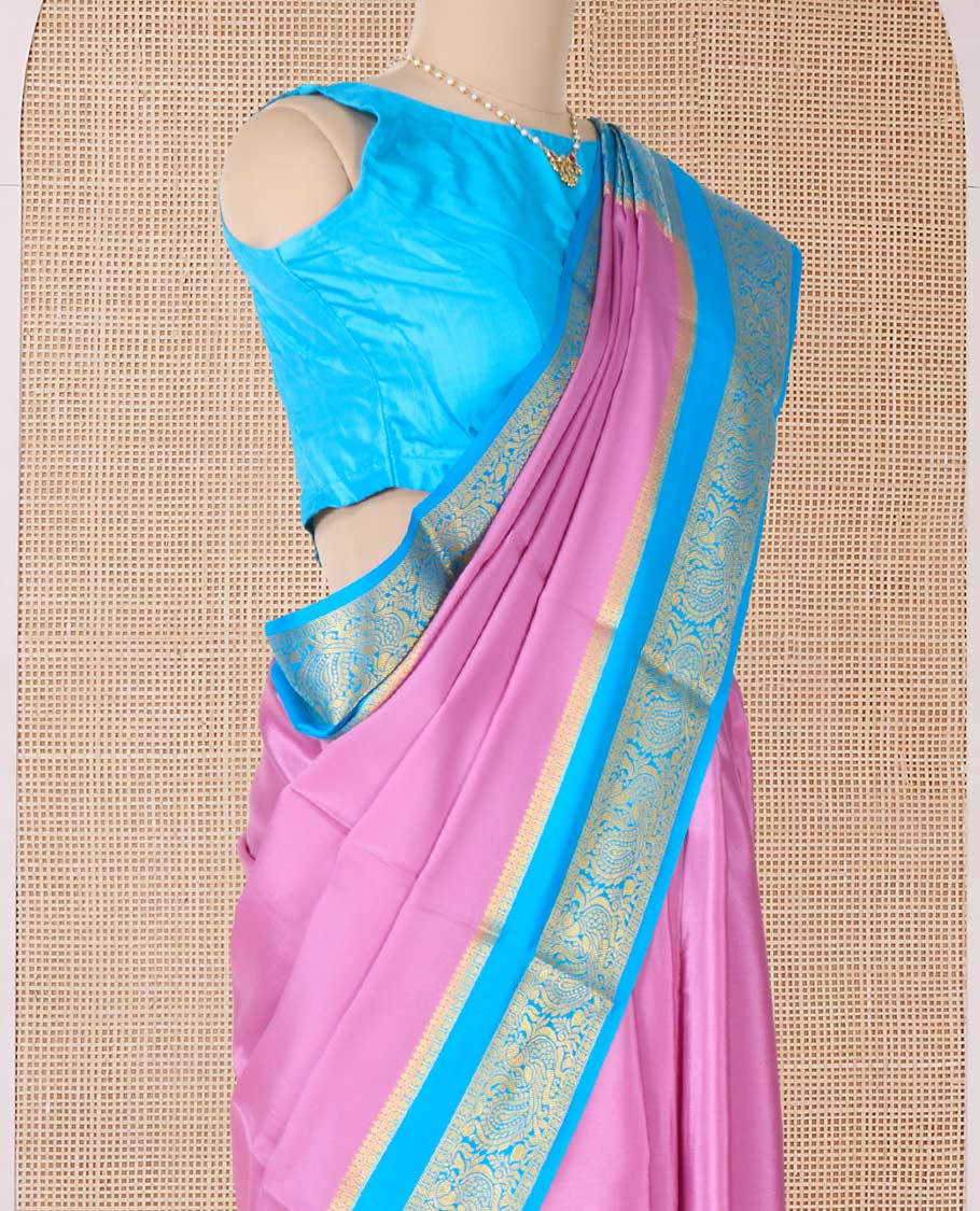 Purple plain Mysore silk saree, contrast rettai pettu peacock motifs zari border, and pallu of jaal design