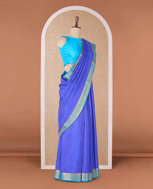 Blue zari checked Mysore silk saree, contrast jaal zari border, and zari striped pallu