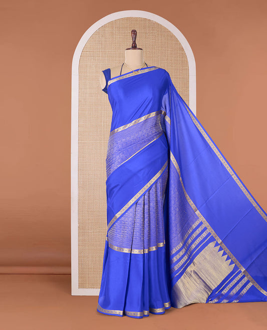 Blue chakram jacquard Mysore silk saree, rettai pettu traditional zari big border, and zari-rich temple pallu