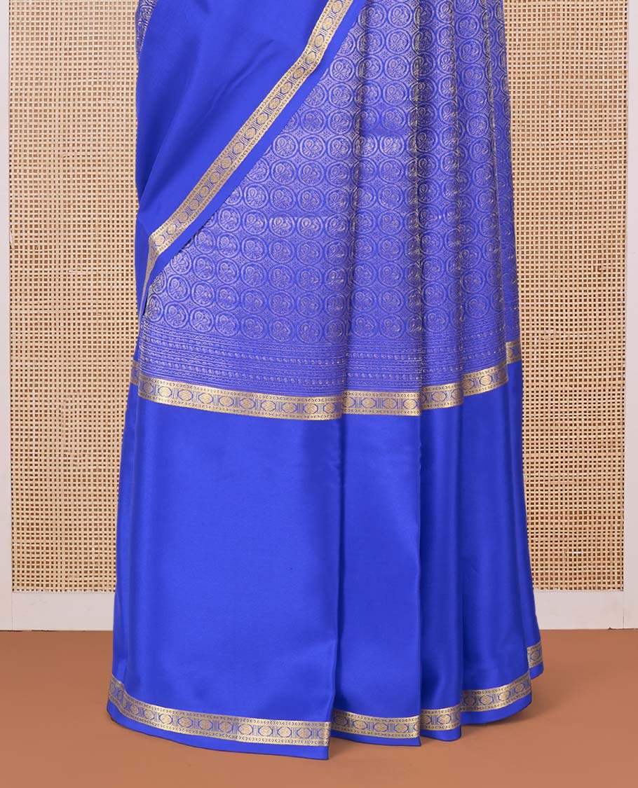 Blue chakram jacquard Mysore silk saree, rettai pettu traditional zari big border, and zari-rich temple pallu