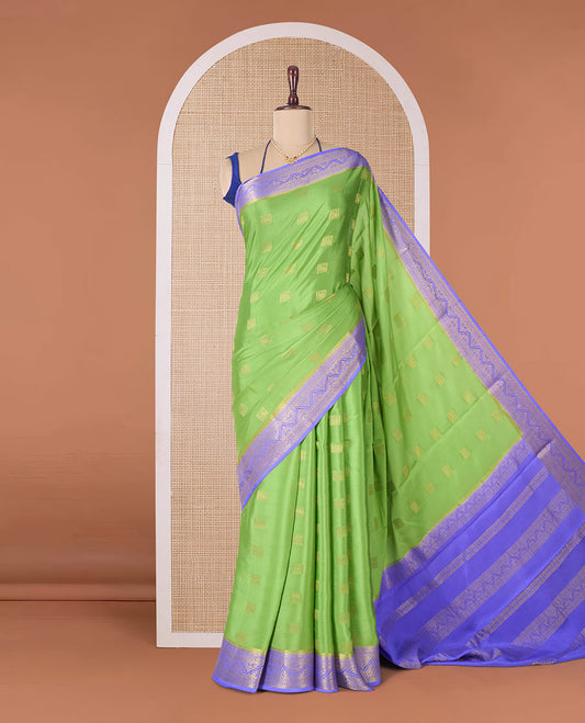 Green zari buttas Mysore silk saree, contrast traditional zari border, and traditional zari designs woven pallu