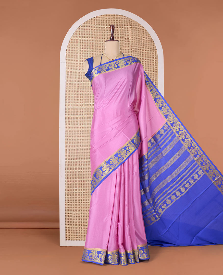 Purple plain Mysore silk saree, contrast two-headed eagle border, and pallu of traditional designs