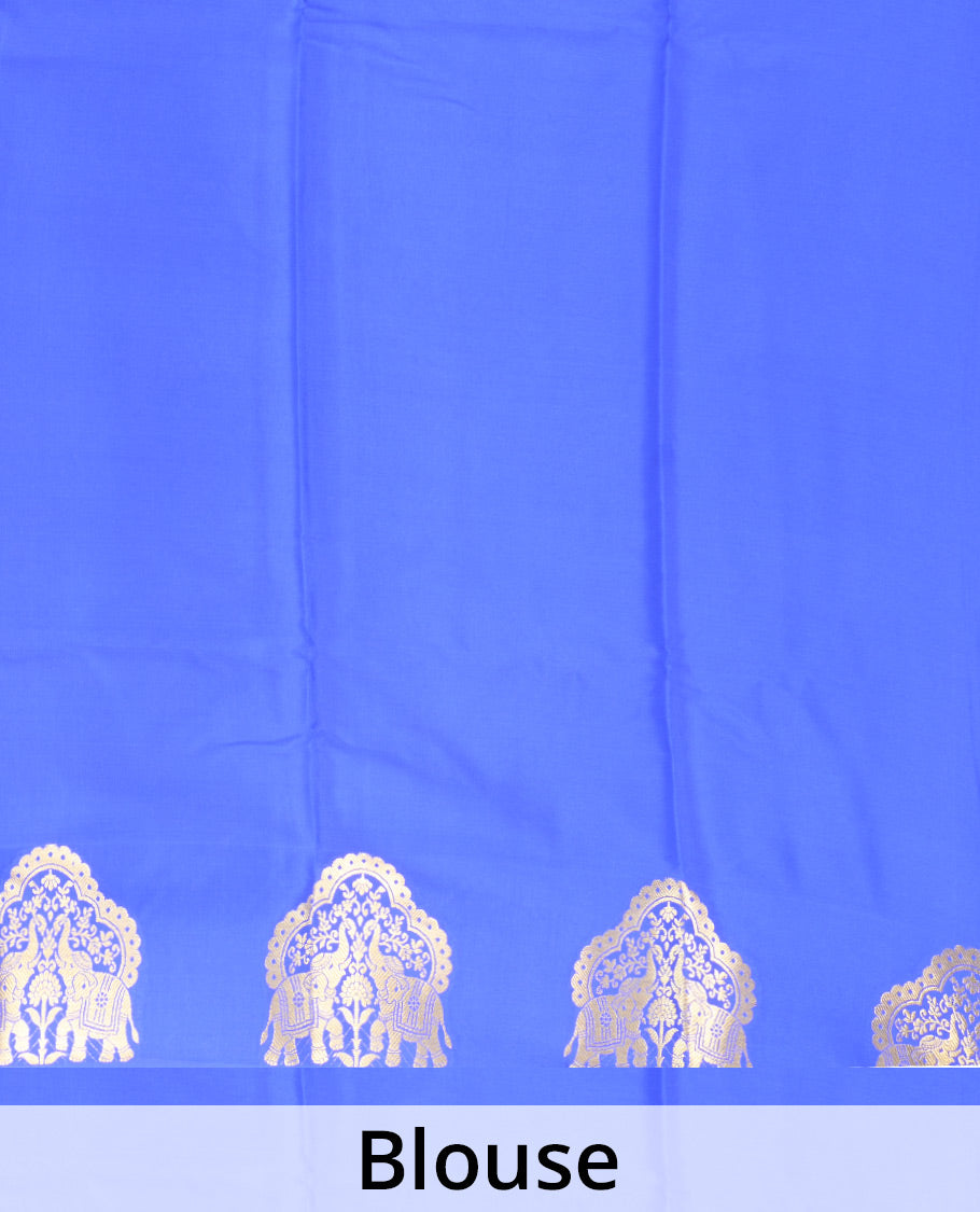 Blue plain Mysore silk saree, elephant motifs woven border, and pallu steeped with elephant motifs