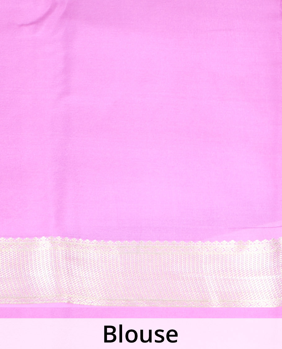 Orange floral buttas Mysore silk saree, contrast traditional zari border, and pallu of jaal design