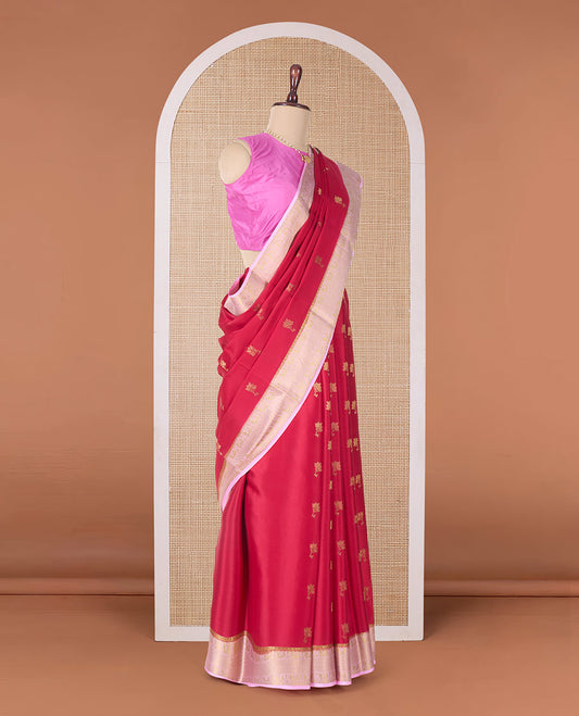 Red floral zari buttas woven Mysore silk saree, contrast traditional zari border, and pallu of jaal design