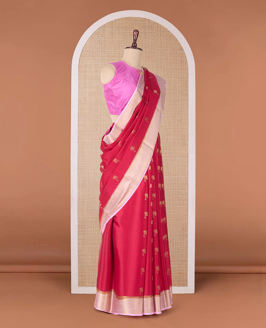 Red floral zari buttas woven Mysore silk saree, contrast traditional zari border, and pallu of jaal design