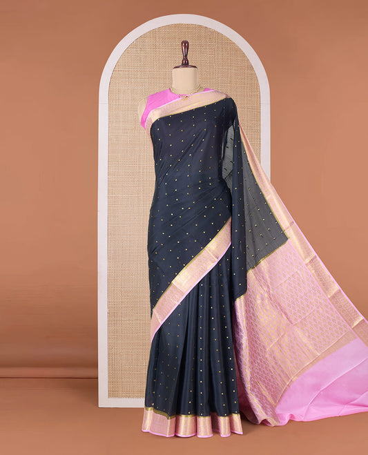 Black zari buttas Mysore silk saree, contrast traditional zari border, and pallu of jaal design