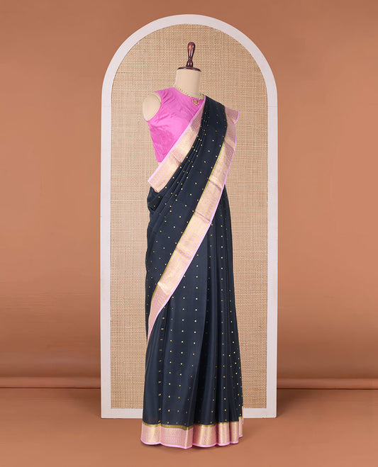 Black zari buttas Mysore silk saree, contrast traditional zari border, and pallu of jaal design