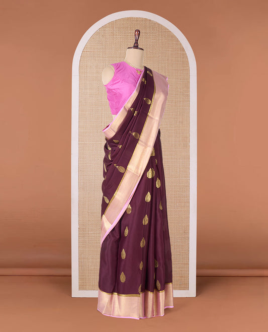 Maroon zari buttas Mysore silk saree, contrast traditional zari border, and pallu of jaal design