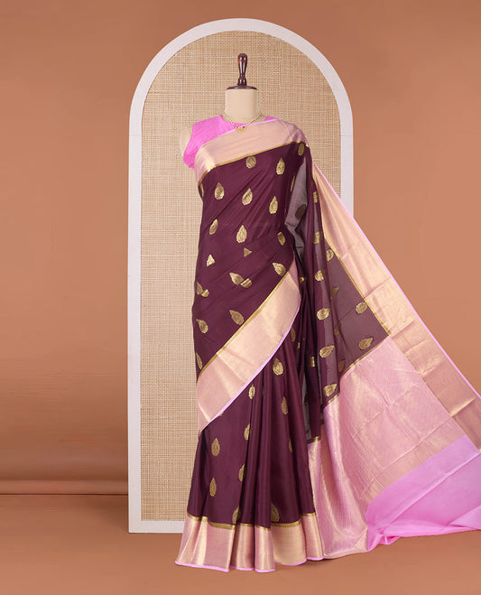 Maroon zari buttas Mysore silk saree, contrast traditional zari border, and pallu of jaal design