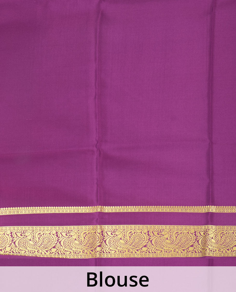Green plain Mysore silk saree, contrast traditional zari rettai pettu border, and pallu of jaal design