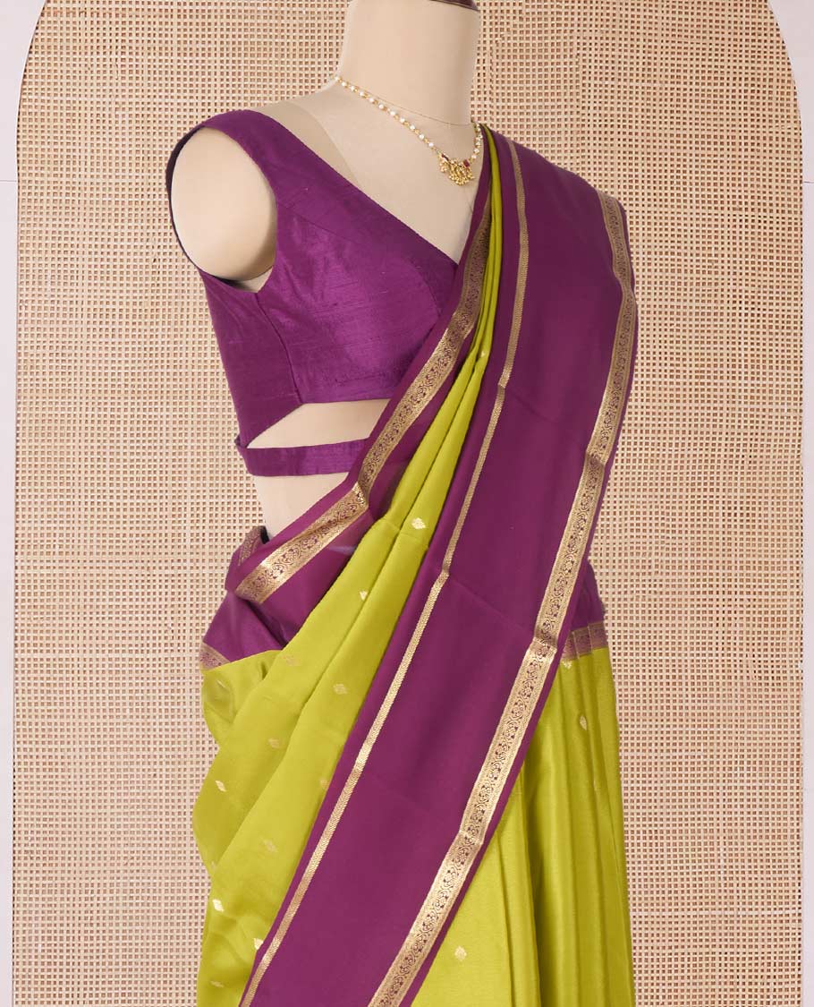 Green zari buttas Mysore silk saree, contrast traditional zari border, and pallu of Temple design in thick zari