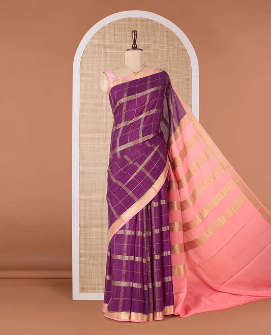 Purple zari checked Mysore silk saree, contrast traditional zari border, and pallu of traditional designs in zari