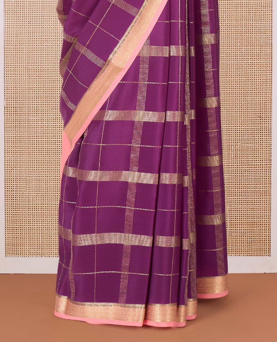 Purple zari checked Mysore silk saree, contrast traditional zari border, and pallu of traditional designs in zari