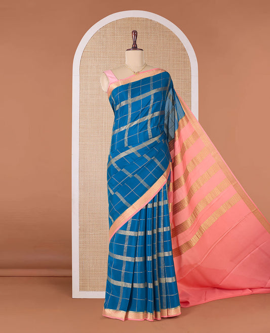 Blue zari checked Mysore silk saree, contrast traditional zari border, and pallu of traditional designs in zari