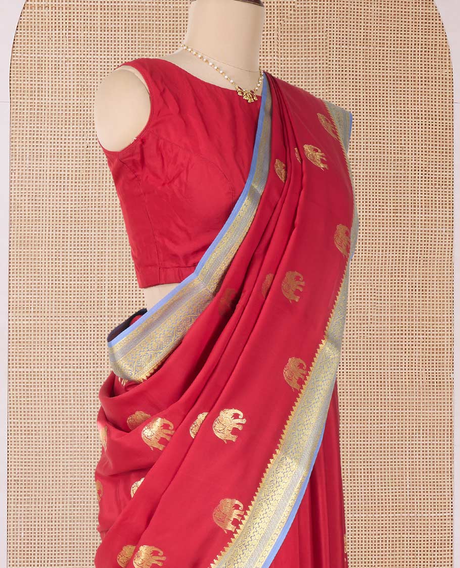 Red zari elephant motifs woven Mysore silk saree, contrast traditional zari border and pallu of zari-rich paisley designs