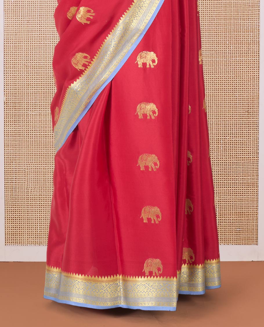 Red zari elephant motifs woven Mysore silk saree, contrast traditional zari border and pallu of zari-rich paisley designs