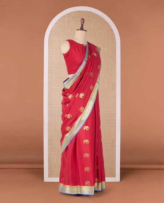 Red zari elephant motifs woven Mysore silk saree, contrast traditional zari border and pallu of zari-rich paisley designs