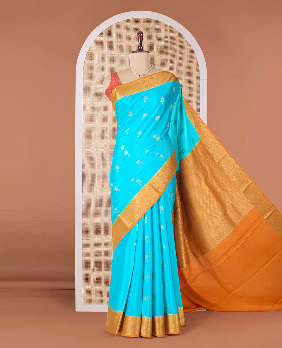 Blue floral zari buttas woven Mysore silk saree, contrast traditional zari border, and pallu of jaal design