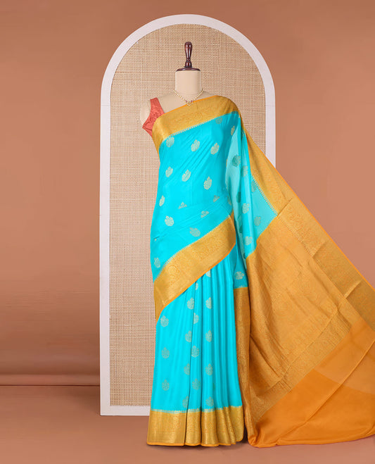 Blue zari buttas Mysore silk saree, contrast traditional zari border of floral creeper designs, and intricately woven pallu