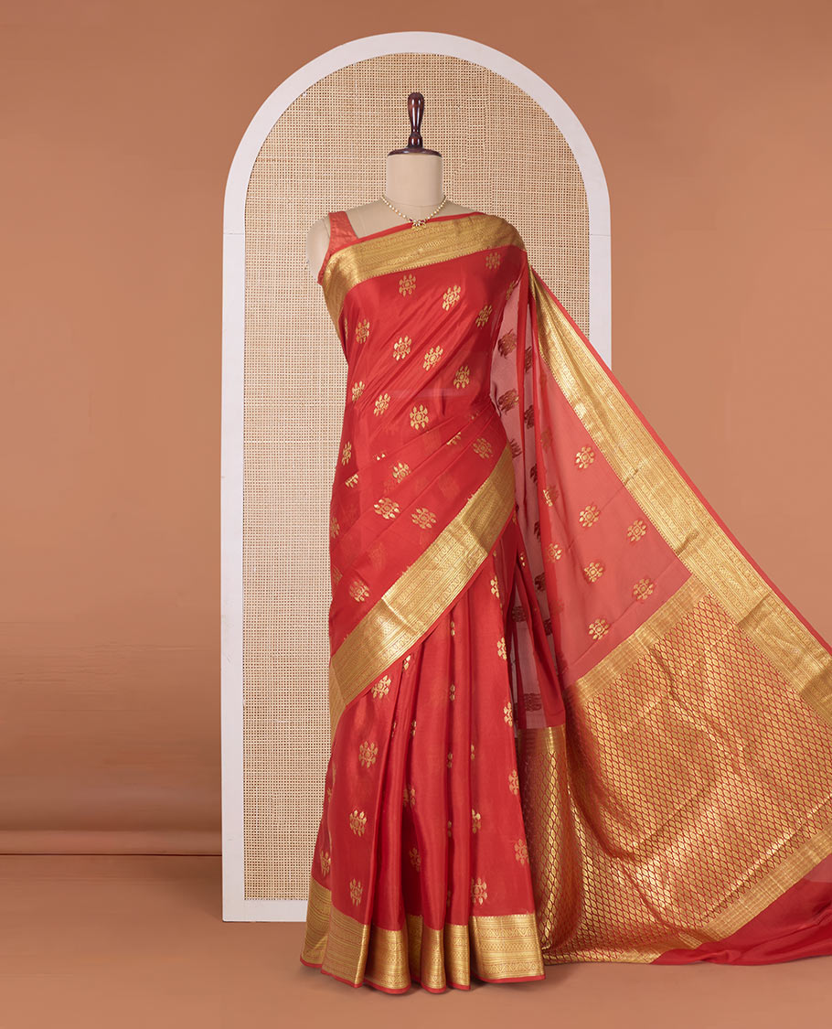 Orange zari buttas Mysore silk saree, traditional zari border, and pallu of jaal design