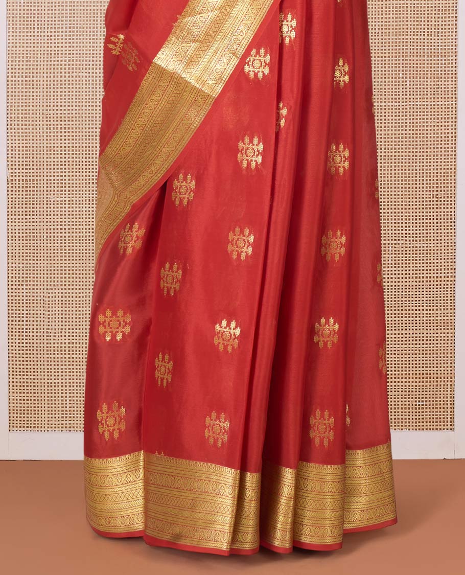 Orange zari buttas Mysore silk saree, traditional zari border, and pallu of jaal design