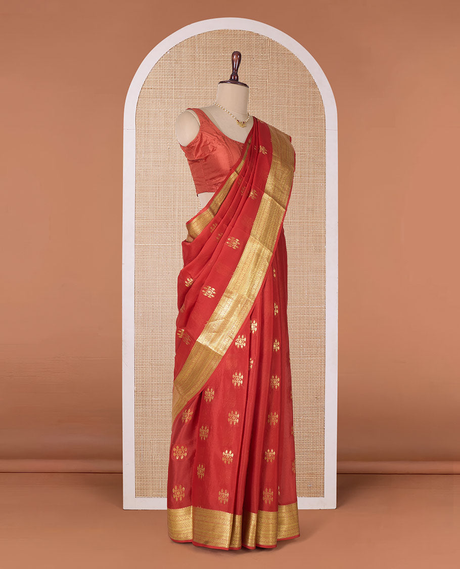 Orange zari buttas Mysore silk saree, traditional zari border, and pallu of jaal design
