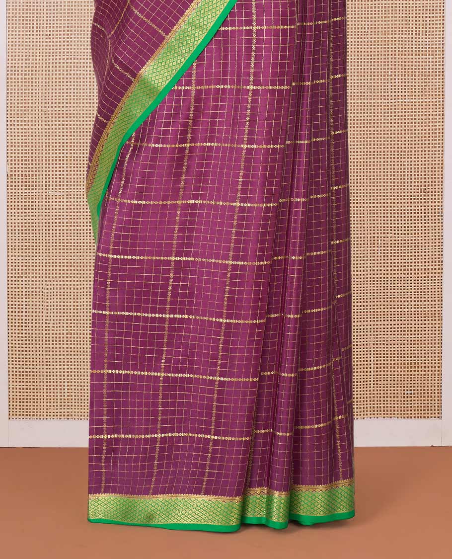 Maroon zari checked Mysore silk saree, contrast peacock eye border, and pallu of zari stripes