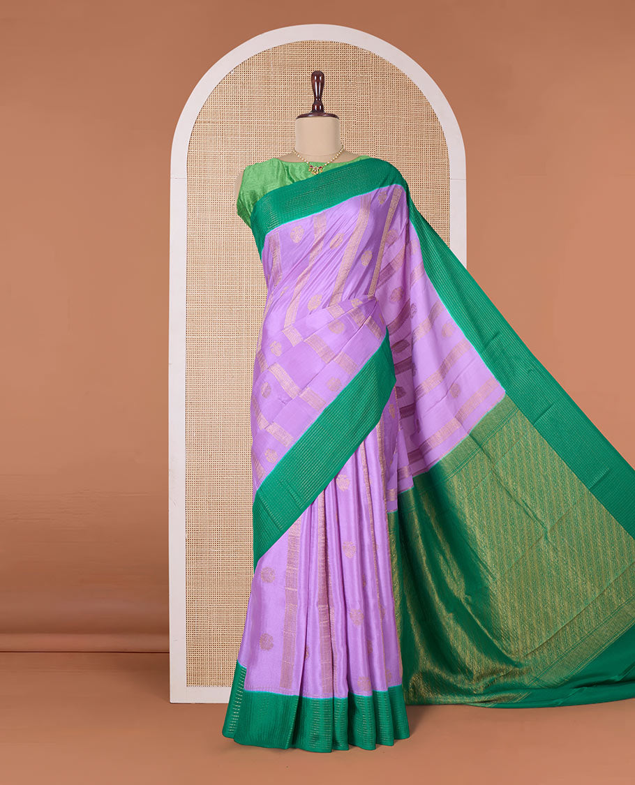 Lavender zari design Mysore silk saree, contrast zari border, and pallu of diagonal stripes woven in zari