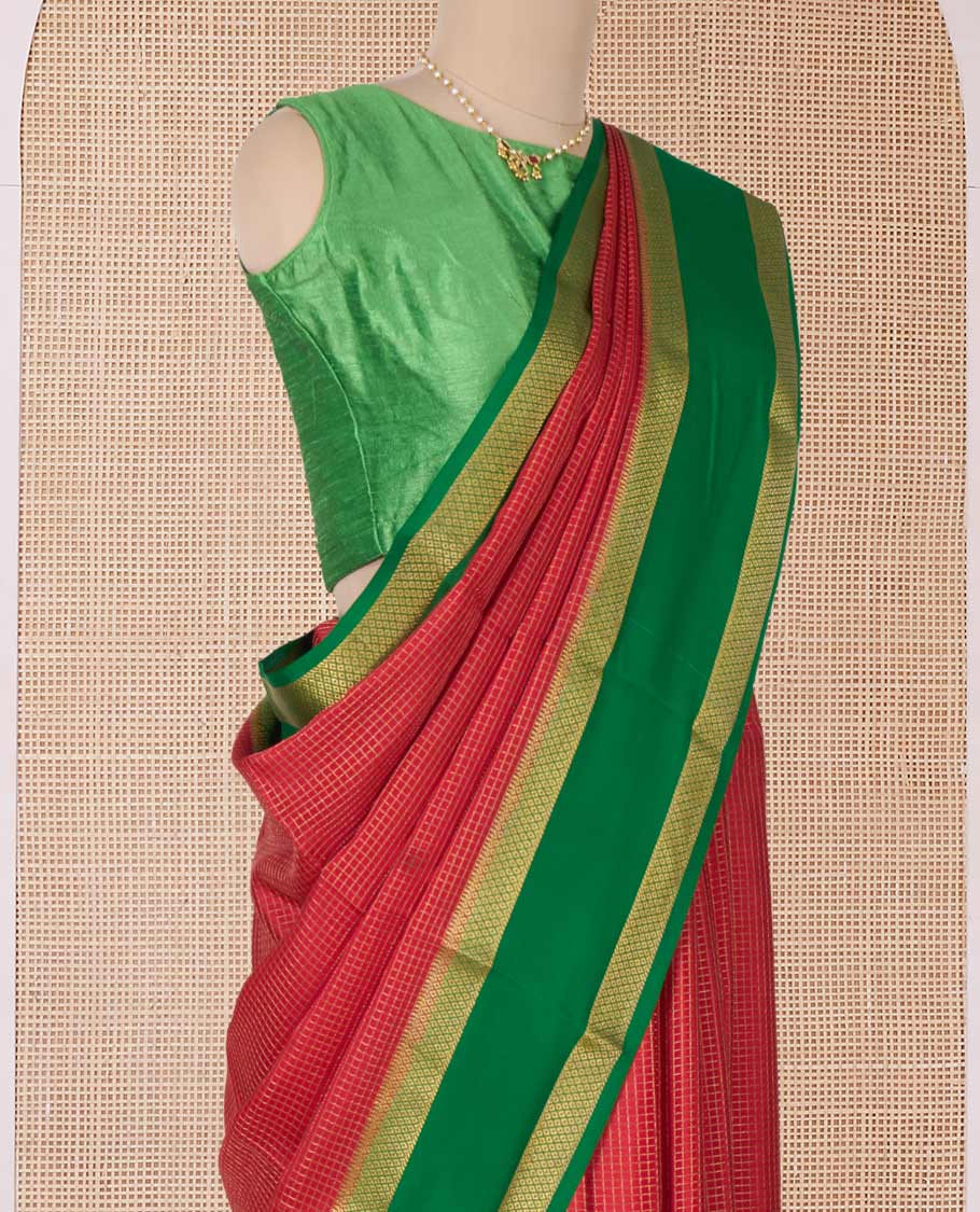 Red zari checked Mysore silk saree, contrast rettai pettu peacock eye zari border, and pallu of zari stripes